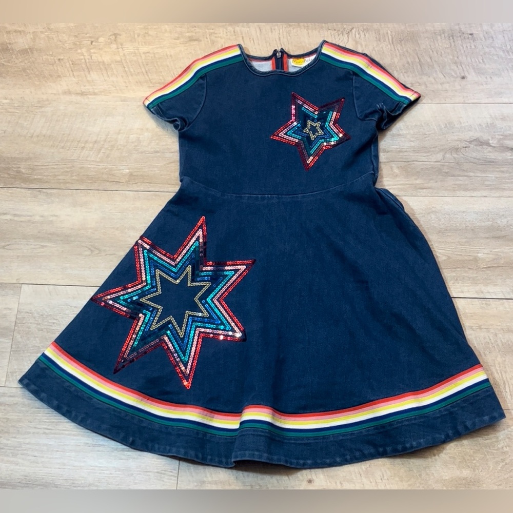 Boden Girl’s Rainbow Sequined Stars Stretch Denim Dress Size 9-10 Y